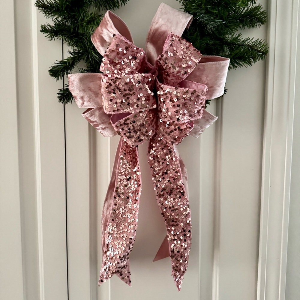 Elegant Pink Sequin Velvet Holiday Bow